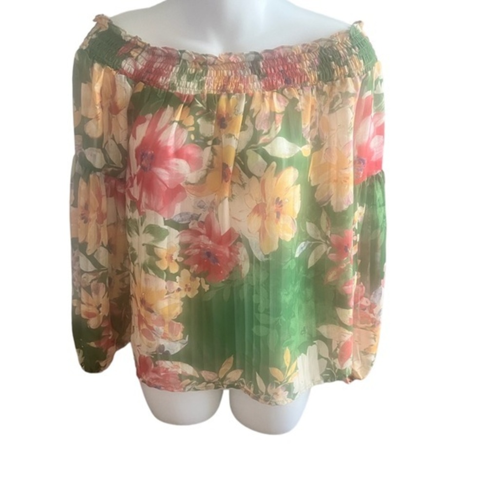 Flying Tomato Sheer Floral Off-Shoulder Blouse - Green, Yellow, Pink